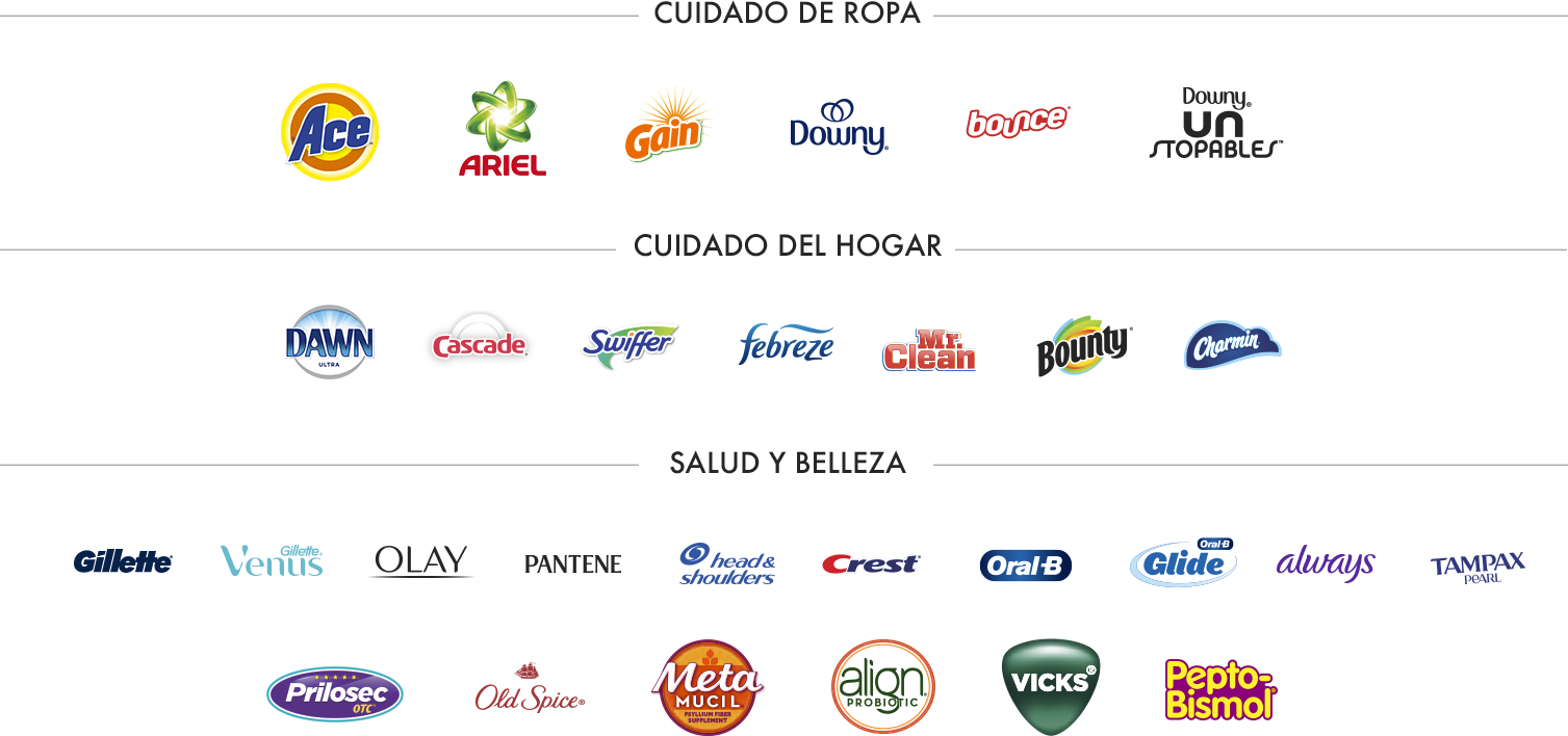 Participating Brands. Bounty. Charmin. Tide. Downy. Bounce. Downy Unstoppables. Gain. Cascade. Dawn. Swiffer. Febreze. Mr. Clean. Crest. Oral-B. Gillette. Venus. Pantene. Head and Shoulders. Olay. Old Spice. Always. Secret. Tampax Pearl. Pepto Bismol. Align. Prilosec. Meta Mucil. Vick’s